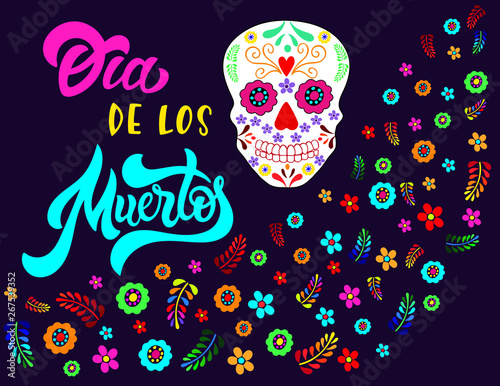 Hand sketched colorful Dia de los Muertos typography lettering with skull and flowers isolated on dark violet background. Vector illustration.