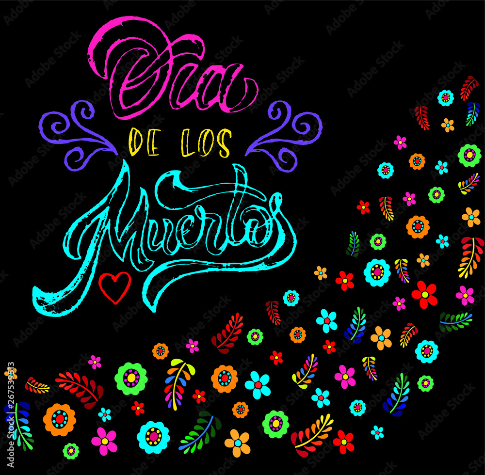 Hand sketched colorful Dia de los Muertos typography lettering with skull and flowers isolated on dark violet background. Vector illustration.