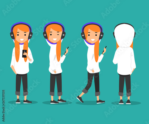 Young character wearing earphones and listening music on his smart phone.Front and back view.flat cartoon design