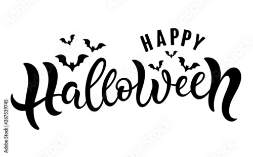 Happy Halloween hand sketched text.  Celebration quotation with bats isolated on white background.