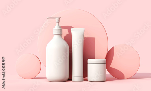 Blank white cosmetic skincare makeup containers. 3D Render photo