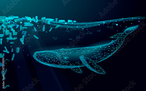 Low poly 3D whale plastic ocean pollution swimming undersea. Water surface dark night glowing wave garbage. Save help survive humpback whale marine wild life. Triangle polygonal vector illustration