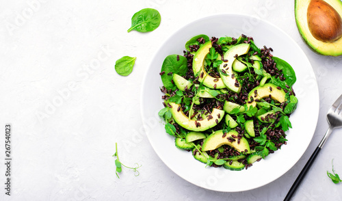 Green Salad with Avocado, Black Rice, Cucumber and Spinach, Healthy Food