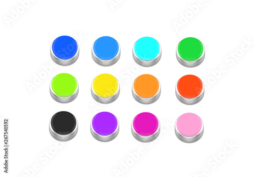 Multicolored 3d round buttons web set with metallic silver frame. Isolated illustration isolated on white.