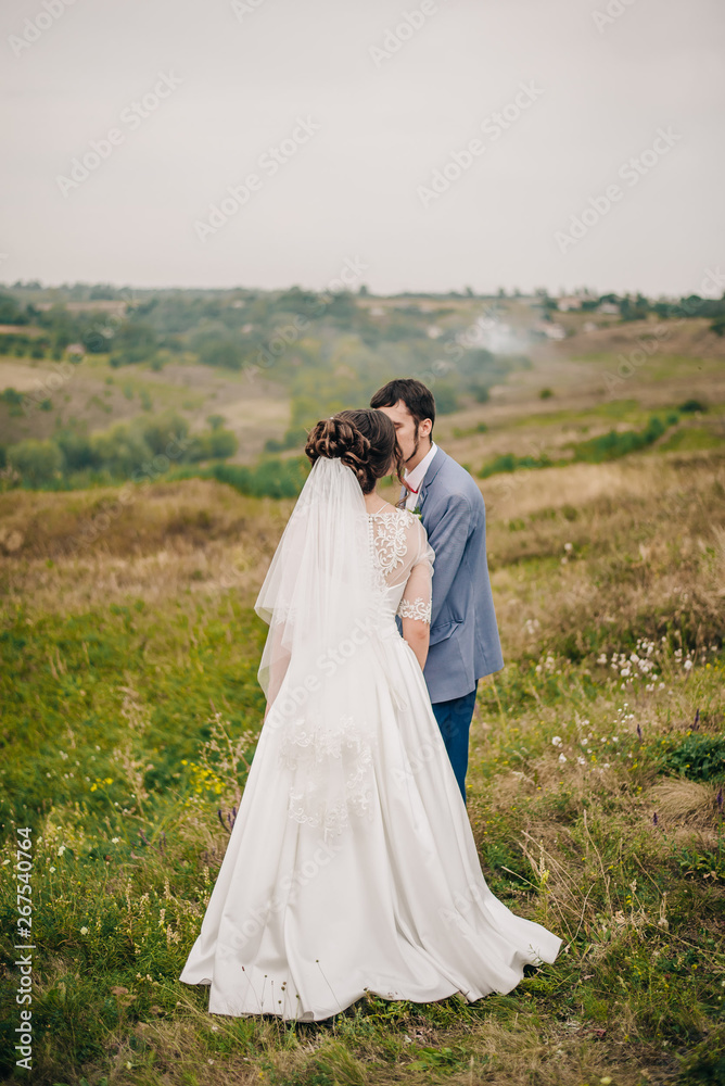 young bride and groom kiss in the field young bride and groom kiss in the field