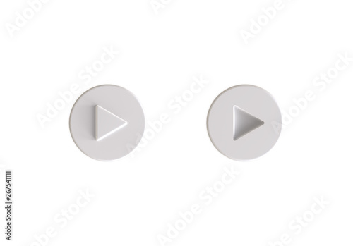 White plastic round play button in two states set  on transparent background. Illustration 3d render.