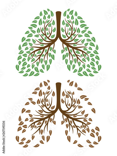 Healthy and unhealthy human lungs with foliage vector concept. Respiratory system concept