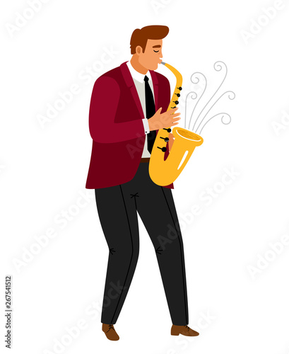 Jazz music saxophonist player icon on white background, vector illustration