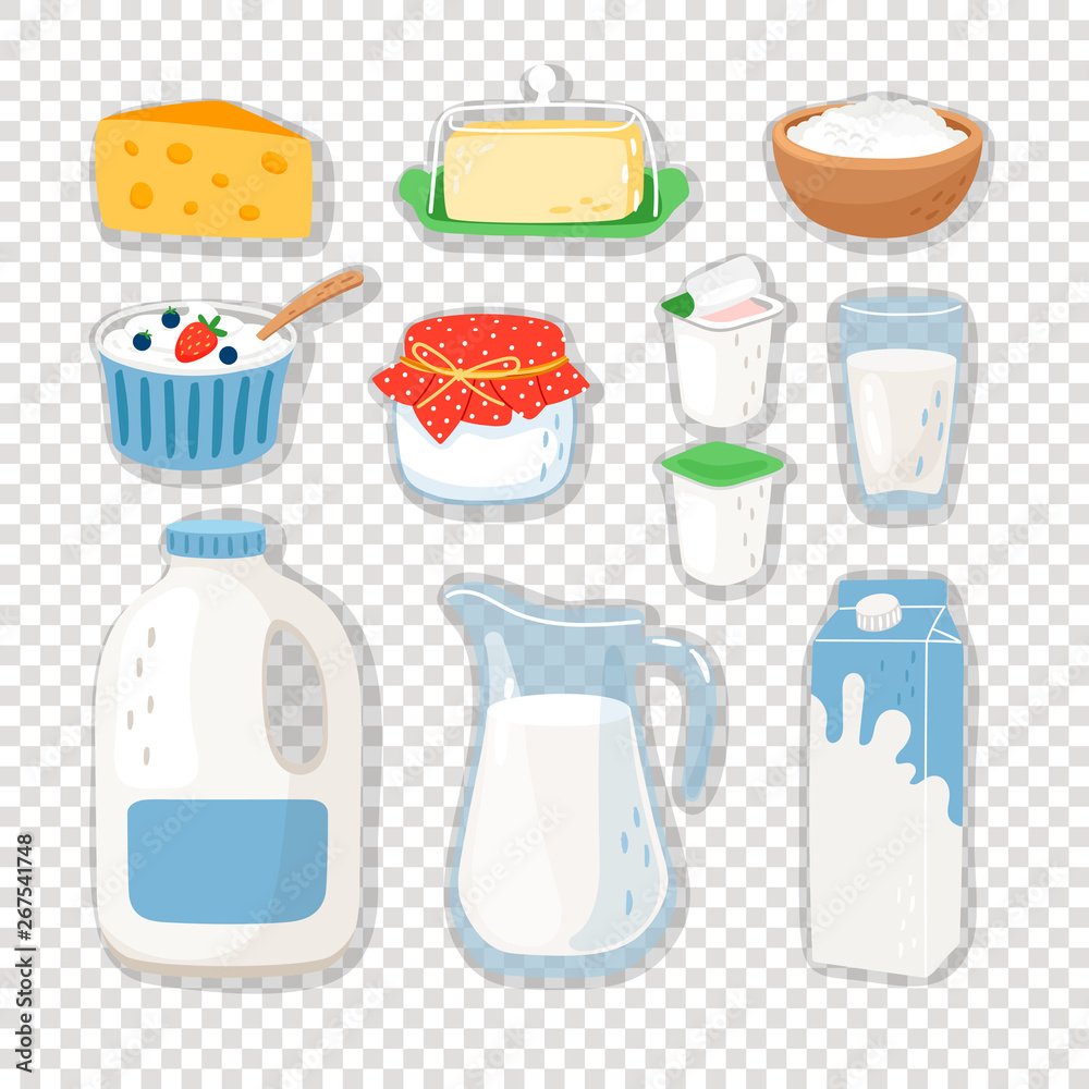 Cartoon dairy products. Milk product set isolated on transparent