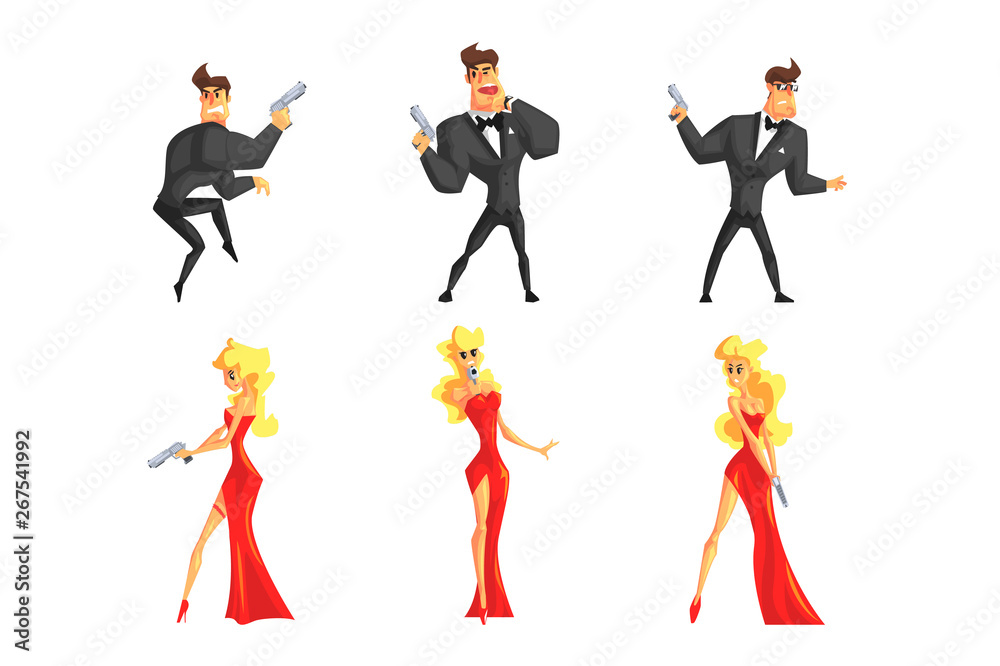Secret agents in different poses. Handsome man and beautiful woman with gun in hands. Male in black suit, female in sexy red dress. Flat vector set