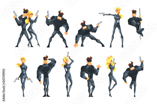 Secret agent in different actions. Posing with gun, hanging on rope, running and saluting. Muscular man in costume and mask. Flat vector set