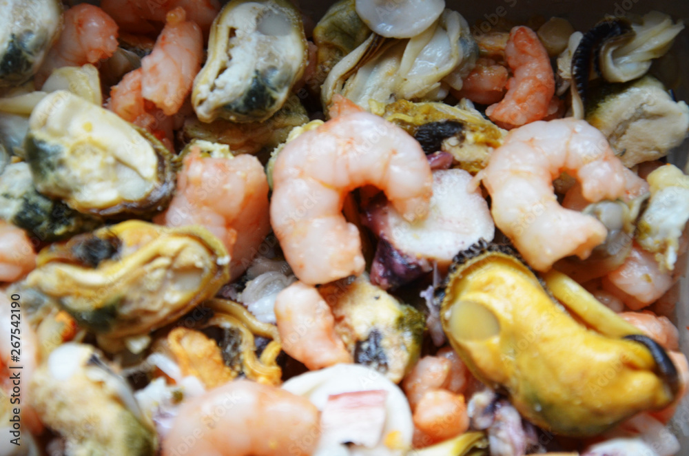Shellfish plate of crustacean seafood mussels, oysters as an ocean gourmet dinner background. Various seafood ready to eat. Shrimps, octopus, squid, oysters. Background without focus Shellfish plate of crustacean seafood mussels, oysters as an ocean gourmet dinner background. Various seafood ready to eat. Shrimps, octopus, squid, oysters. Background without focus