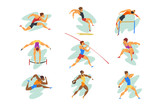 Flat vector set of professional athletes in different actions. Young muscular guys in sportswear. Active people. Olympic sports