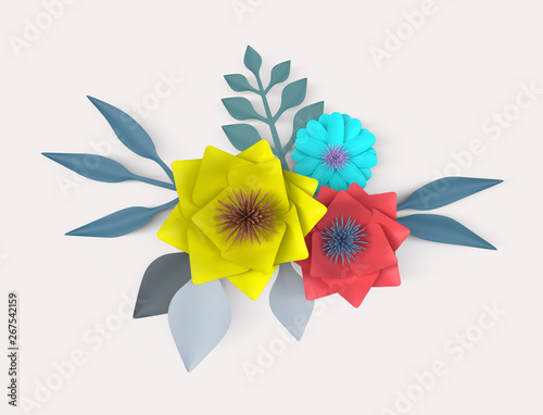 Design elements for cover or card. Blossom red yellow pink violet flowers and grey leaves. Rendering 3d illustration
