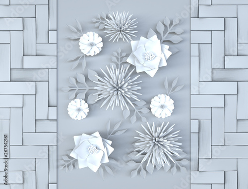 Grey flower and leaves. Template for greeting card and cover. Rendering 3d illustration