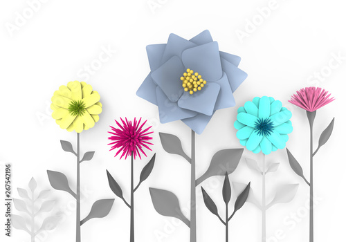Yellow pink blue flowers with grey leaves. Template for invitation or greeting card. Redering 3d illustration.
