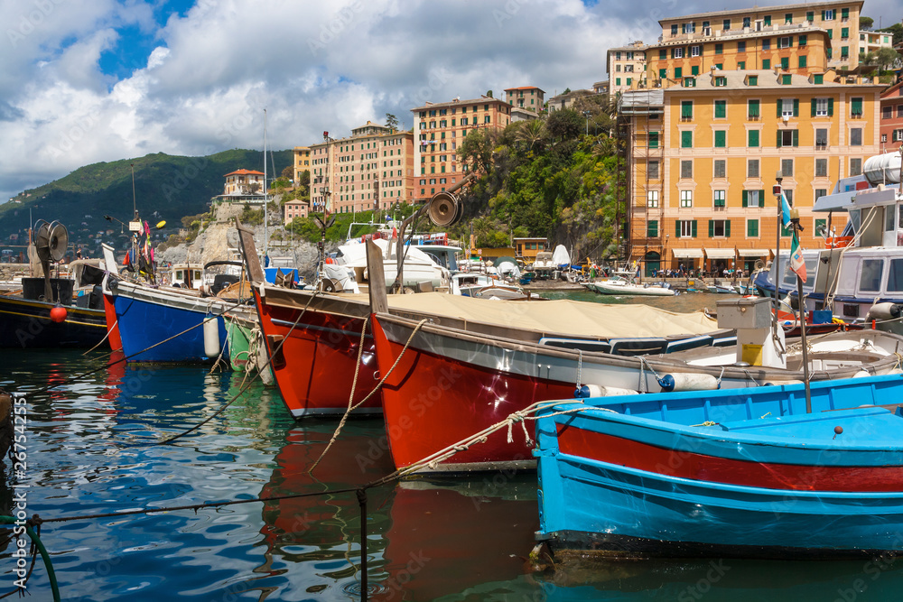 View of the town of Camogli on the Ligurian Riviera in Italy with its port. In the foreground, the typical colored fishing boats.