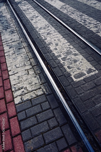 tramway tracks on the asphalt in the street in Bilbao city Spain