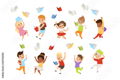 Flat vector set of cartoon children characters jumping and throwing books up in the air. Happy pupils of elementary school