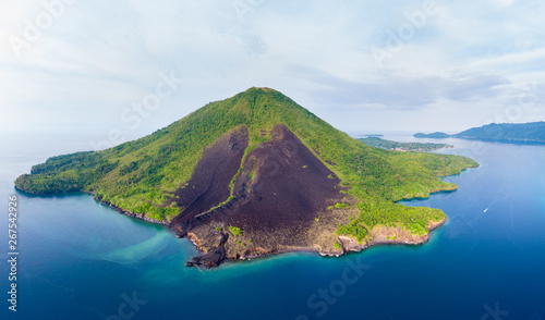 Fototapeta Naklejka Na Ścianę i Meble -  Aerial view Banda Islands Moluccas archipelago Indonesia, Pulau Gunung Api, lava flows, coral reef white sand beach. Top travel tourist destination, best diving snorkeling.