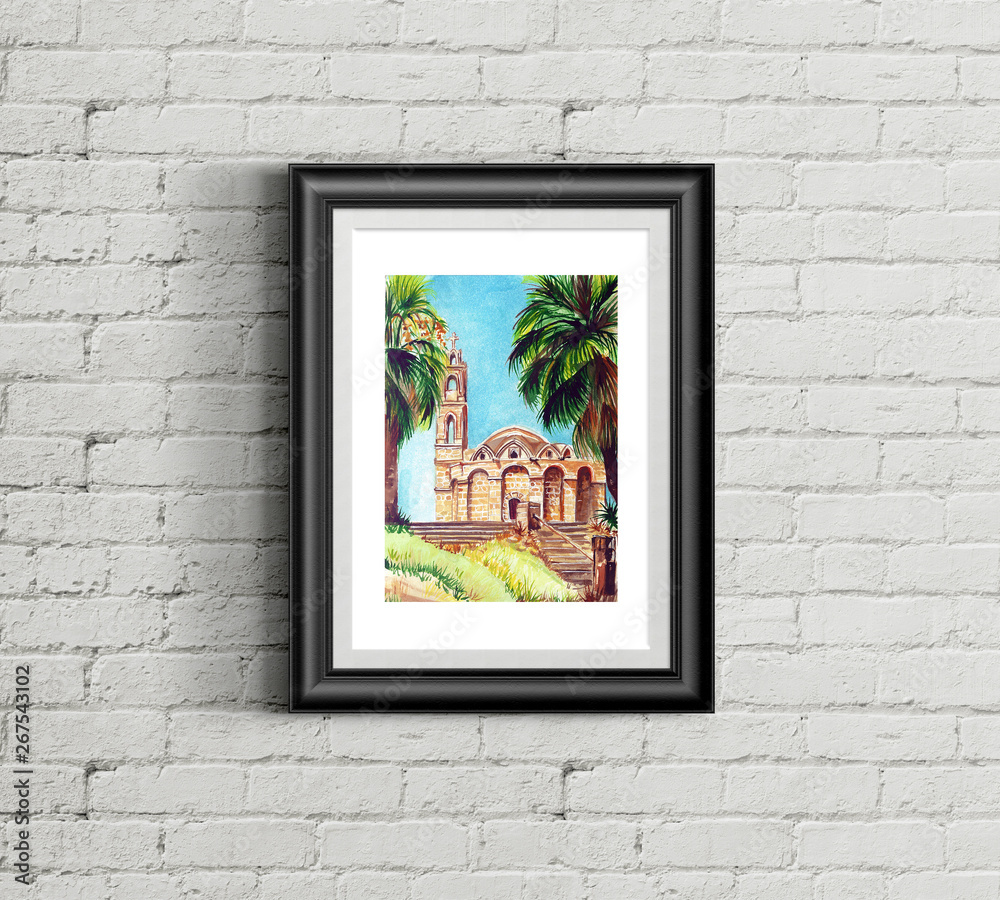 st Andrea's monastery Cyprus watercolor illustration