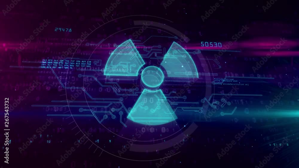 Nuclear warning symbol hologram intro on dynamic futuristic background. Modern and futuristic concept of nuclear power, energy, radiation danger and cybe war. Seamless and loopable 3d animation.