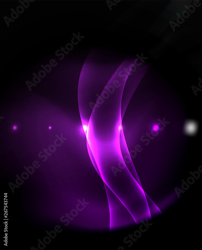 Dark background with neon color waves, vector template