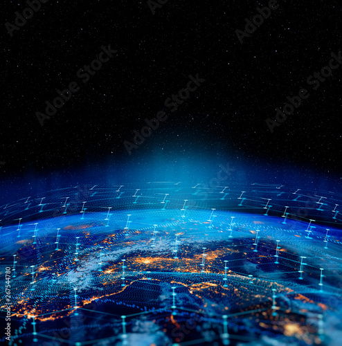 Technologia komunikacyjna dla biznesu internetowego. Globalna światowa sieć i telekomunikacja na ziemi, kryptowaluta i blockchain oraz Internet Rzeczy. Elementy tego obrazu dostarczone przez NASA