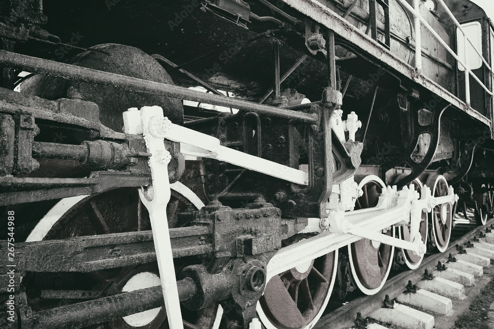 Steam Train Inner Rods Retro steam locomotive wheels and rods. Details of mechanical parts ...