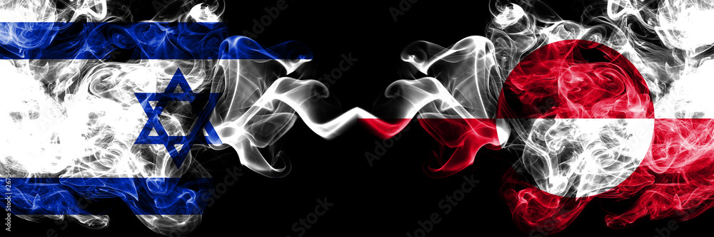 Israel vs Greenland smoky mystic flags placed side by side. Thick colored silky smokes flag of Israel and Greenland Israel vs Greenland smoky mystic flags placed side by side. Thick colored silky smokes flag of Israel and Greenland