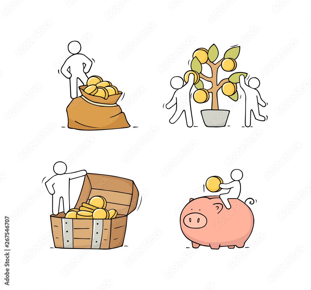 Sketch set with little people and coins. Sketch set with little people and coins.