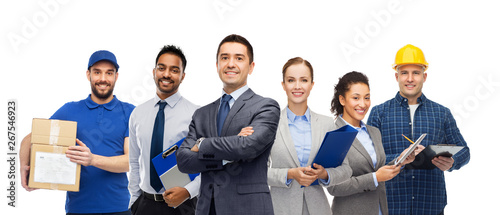 logistic business, delivery service and people concept - happy international office and manual workers over white background photo