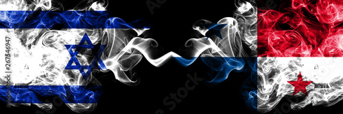 Israel vs Panama smoky mystic flags placed side by side. Thick colored silky smokes flag of Israel and Panama