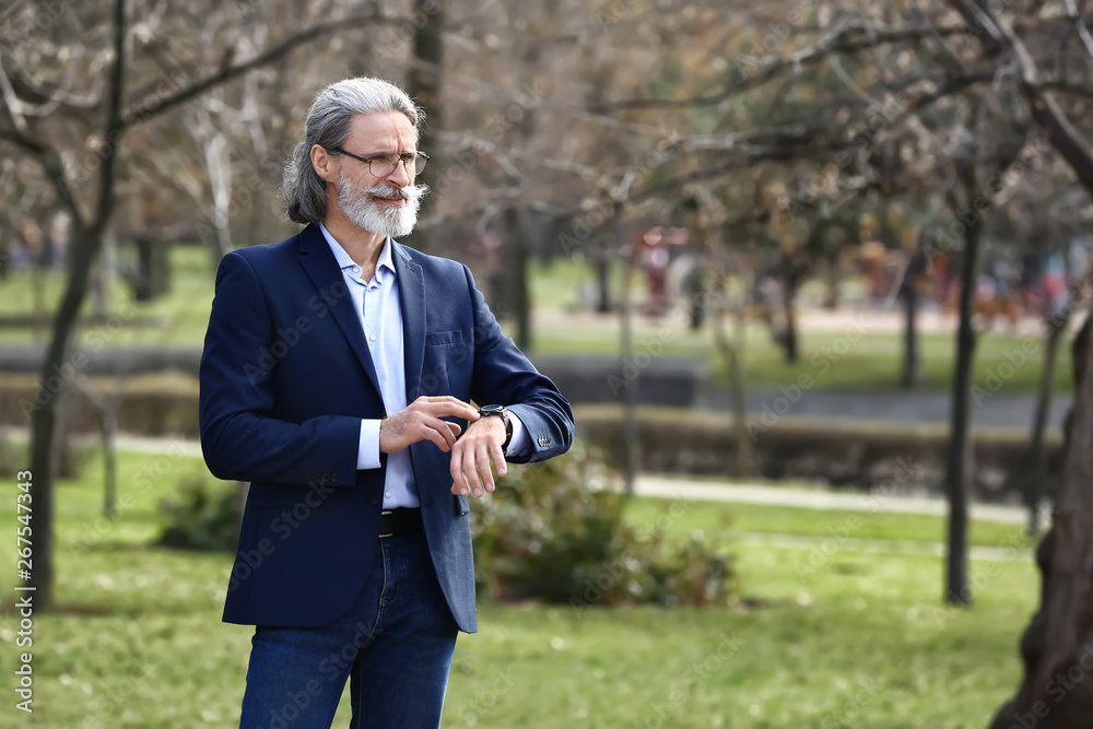 Handsome mature businessman waiting for client outdoors Handsome mature businessman waiting for client outdoors