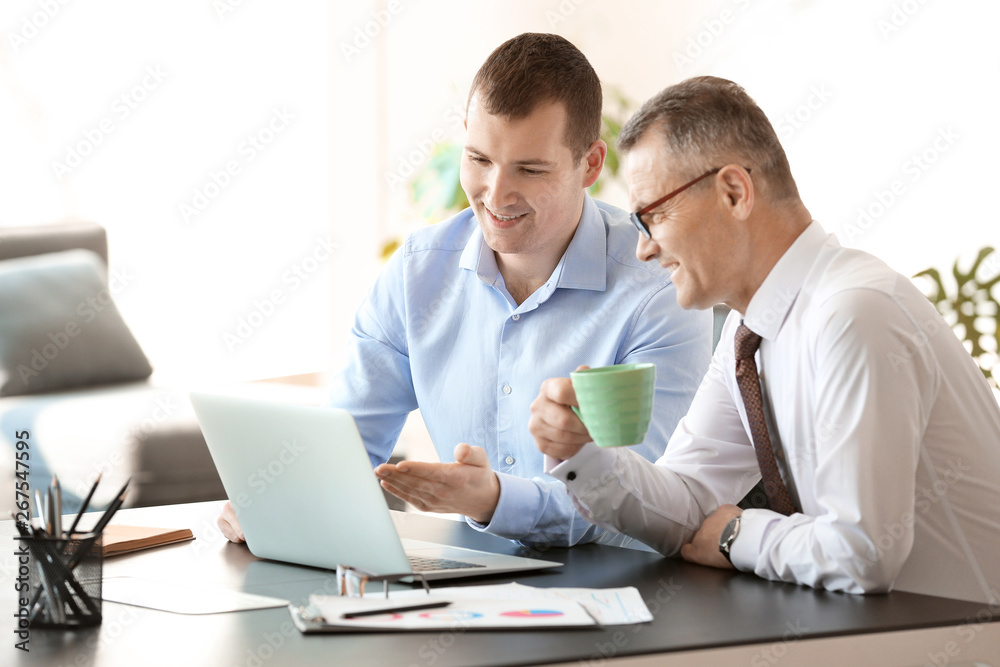 Handsome mature businessman with colleague working in office Handsome mature businessman with colleague working in office