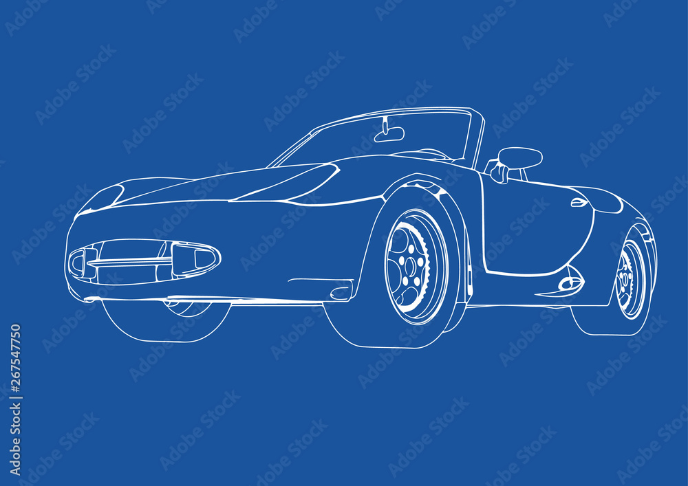 drawing of a sports car on a blue background vector