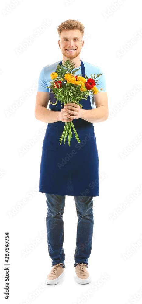 Male florist with bouquet on white background Male florist with bouquet on white background
