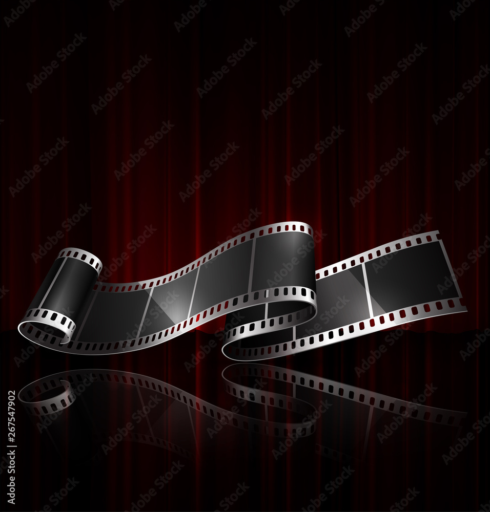 Cinema background or banner. Film strip on the background of a red curtain. The effect of reflection and transparency.  3D vector. High detailed realistic illustration