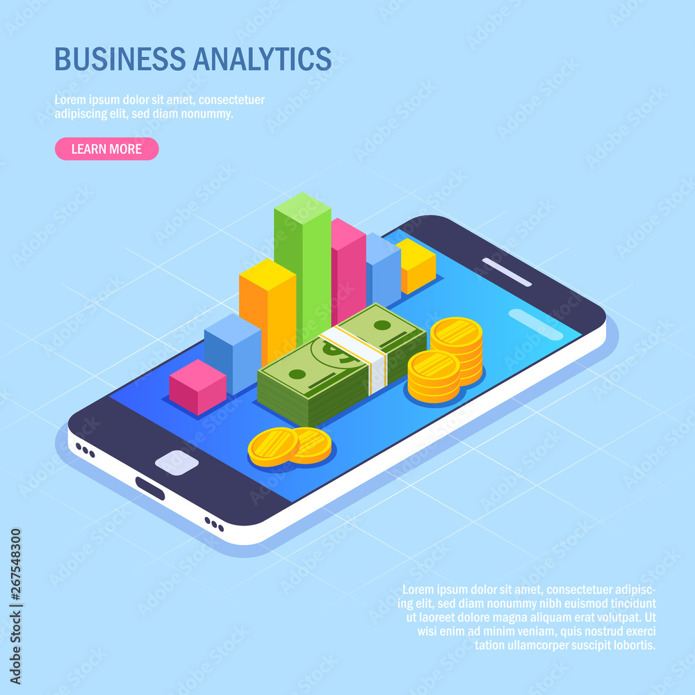 Business Analytics via mobile phone. Money stack and chart on device screen. Vector isometric illustration in modern 3d style.