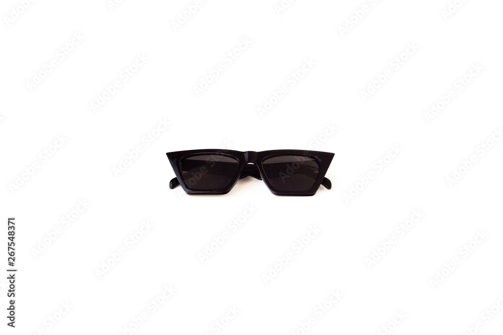 Black wayfarer rectangular sunglasses with thick frame isolated on white background, front view folded