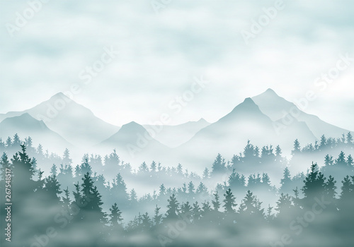Realistic illustration of mountain landscape silhouettes with forest and coniferous trees. Fog haze or clouds under green-blue sky  vector
