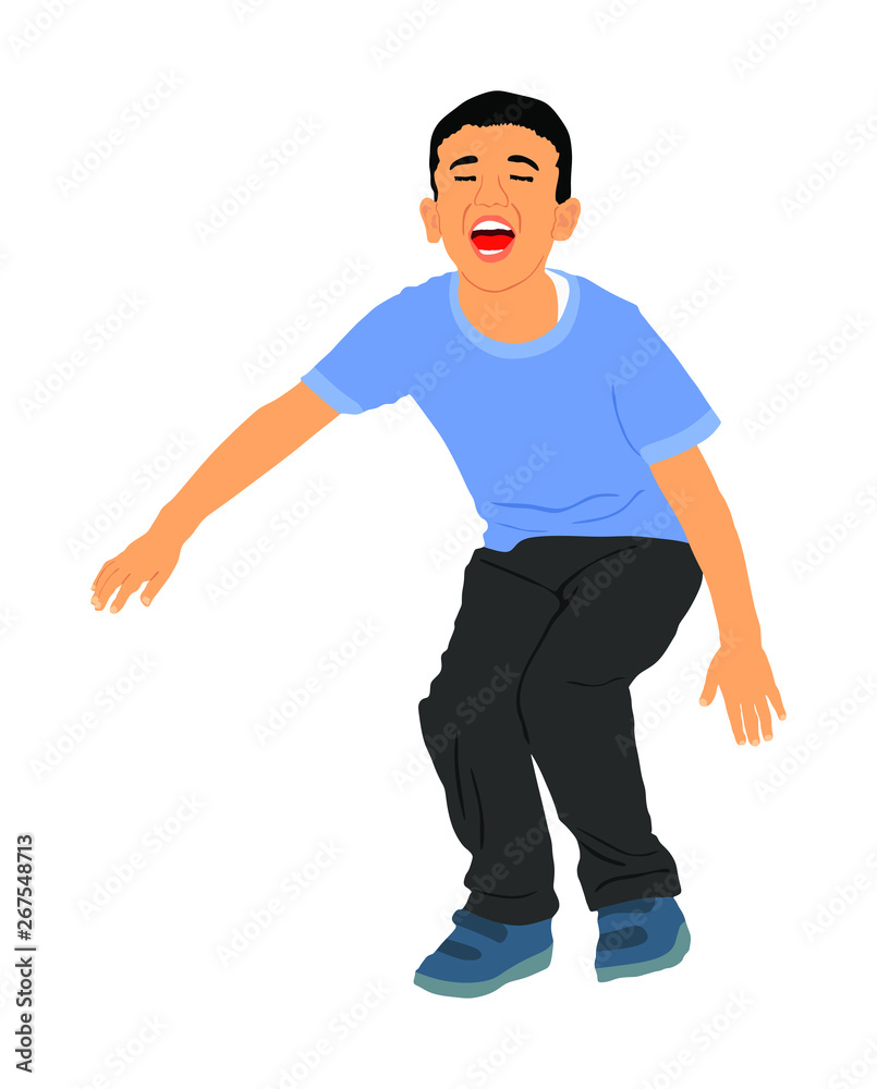 Happy joyful kid, little boy doing exercises vector illustration isolated on white background. Boy jumping and playing funny game. Spread hands widespread open position. Smiling child enjoy trampoline