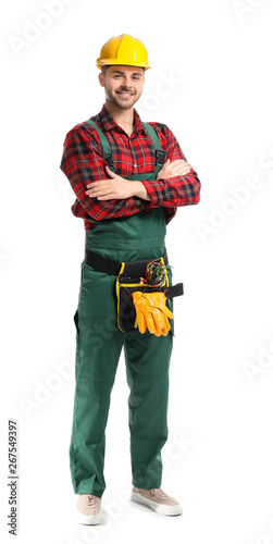 Male electrician on white b...