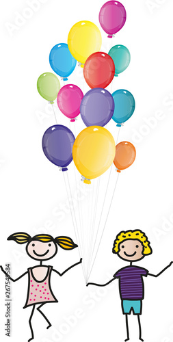 A happy girl and a boy with balloons, lucky children, homeschooling, stayathome