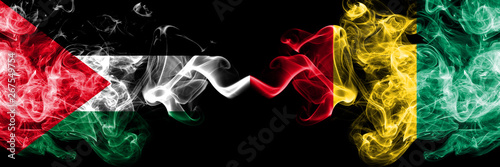 Palestine vs Guinea, Guinean smoky mystic flags placed side by side. Thick colored silky smokes flag of Palestinians and Guinea, Guinean