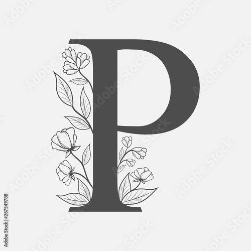 Uppercase Letter P with flowers and branches. Vector flowered monogram or logo. Hand Drawn concept. Botanical design branding. Composition of letter and flowers for wedding card, invitations, brand