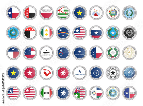 Set of vector icons. Flags and seals of Texas state, USA. 3D illustration.