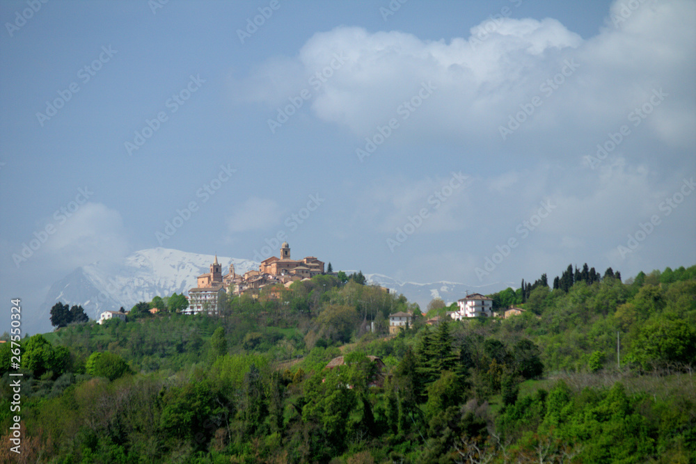 lanscape in italy,village,panorama,medieval, ancient, tourism, mountain, green, tree,sky,clouds