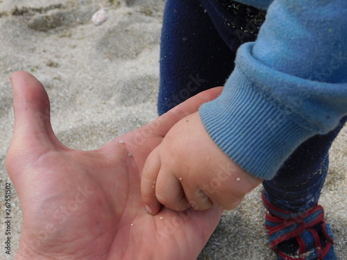  parent and child on the beach. hands macro