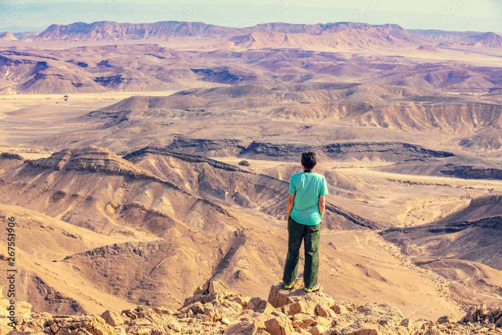 A man stands on the edge of a cliff in the desert and looks at a beautiful view.